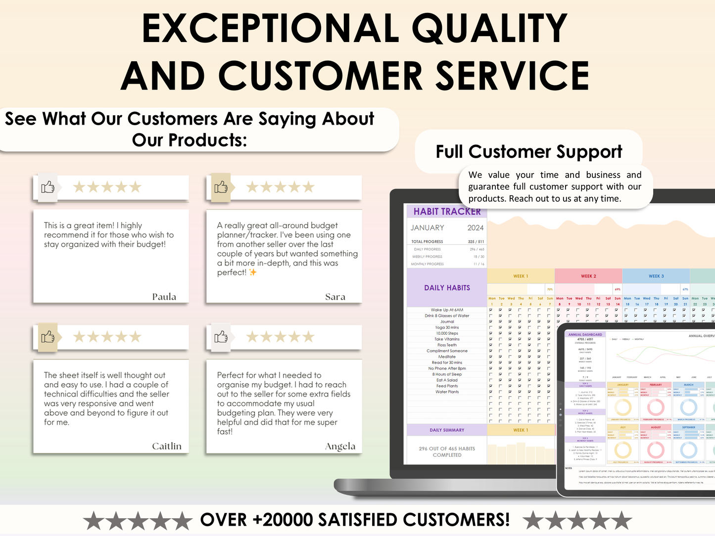 Promotional graphic for customer testimonials and product features with a pastel color scheme.