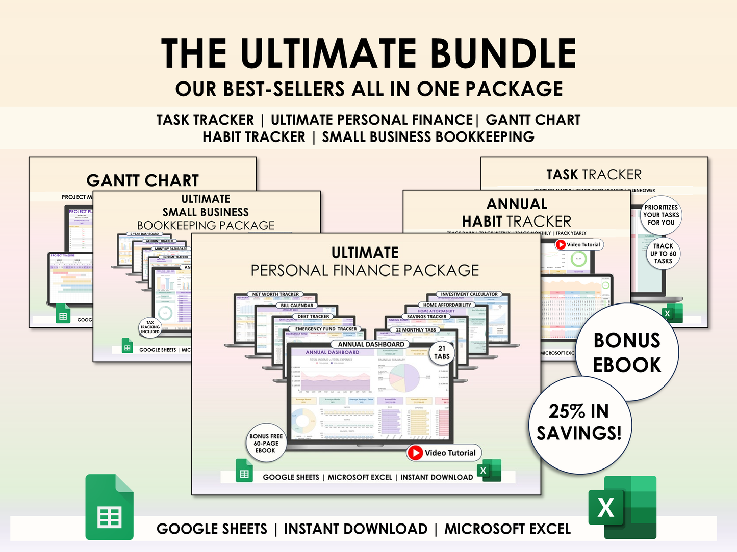 The Ultimate Bundle - Ultimate Personal Finance Package + Annual Habit Tracker + Small Business Bookkeeping Package + Gantt Chart Project Planner + Task Tracker for Excel & Google Sheets