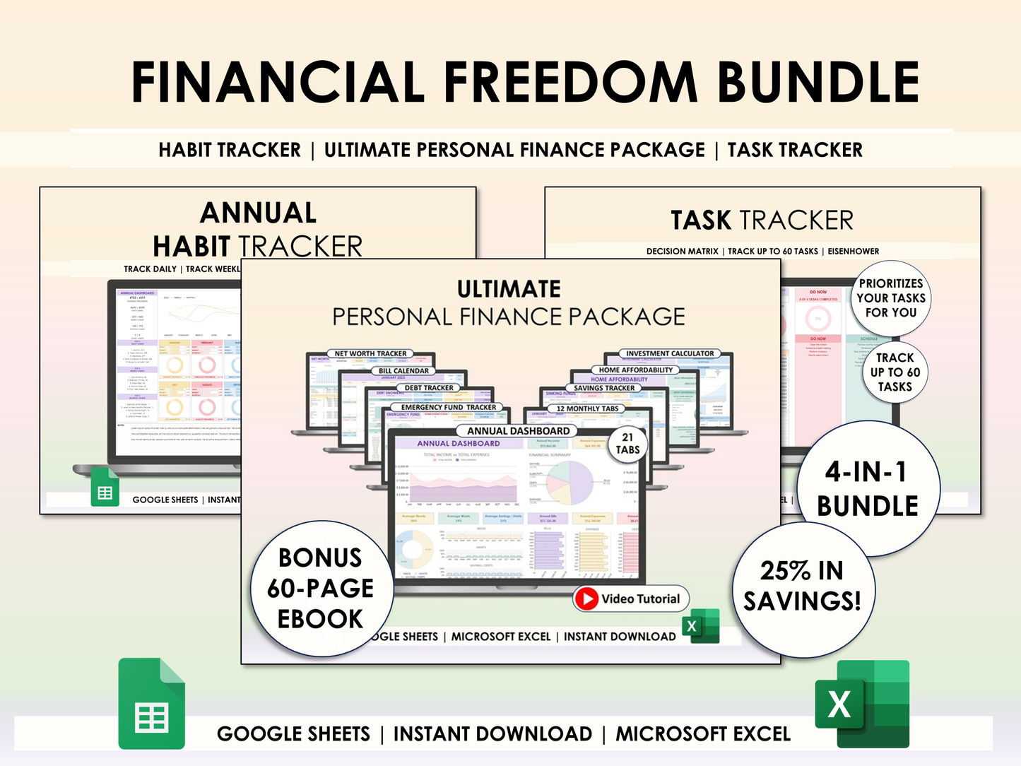 Financial Freedom Bundle - Ultimate Personal Finance Package + Habit Tracker + Task Tracker for Excel & Google Sheets