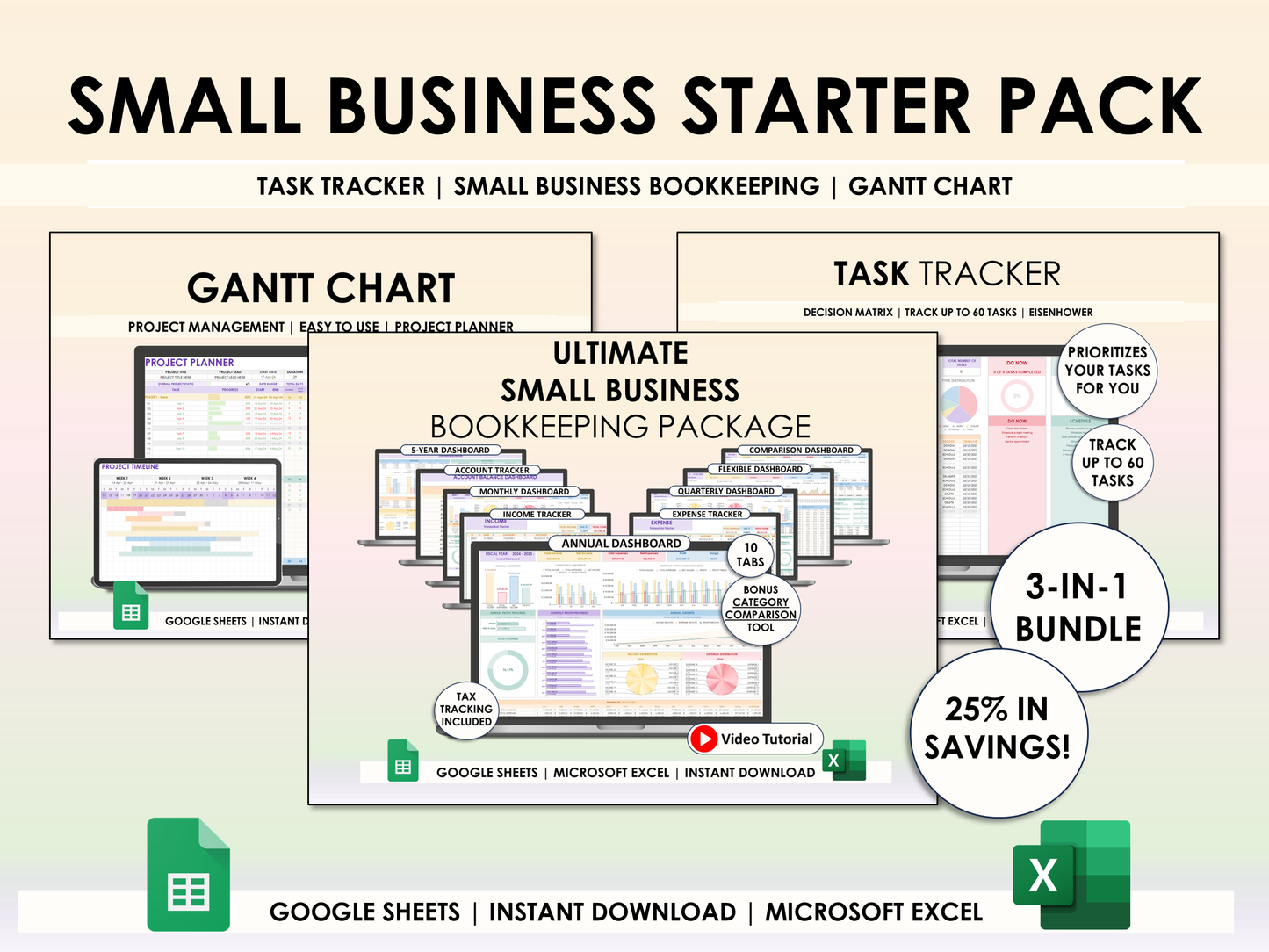 Small Business Starter Bundle - Small Business Bookkeeping Package + Gantt Chart Project Planner + Task Tracker for Excel & Google Sheets