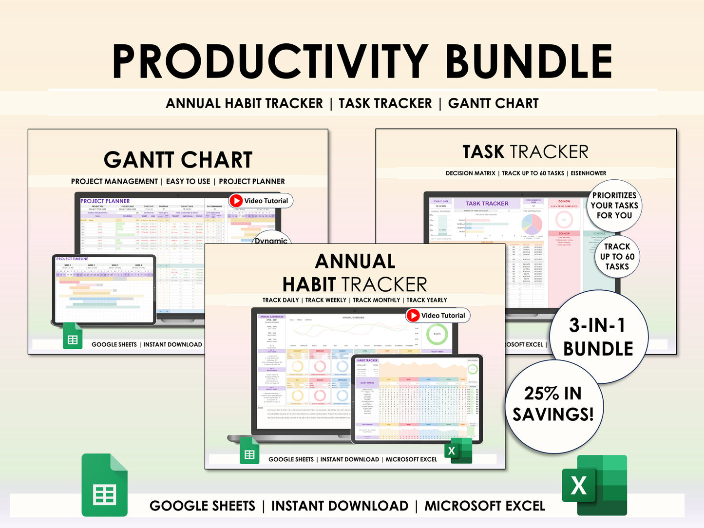 Productivity Bundle - Habit Tracker + Task Tracker + Gantt Chart for Excel & Google Sheets