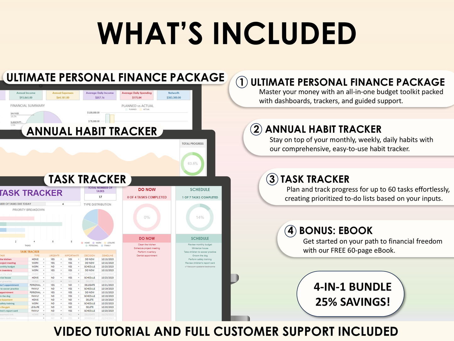 Financial Freedom Bundle - Ultimate Personal Finance Package + Habit Tracker + Task Tracker for Excel & Google Sheets
