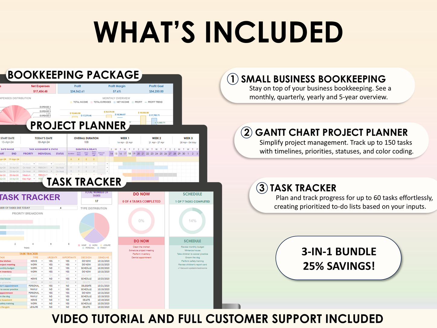 Small Business Starter Bundle - Small Business Bookkeeping Package + Gantt Chart Project Planner + Task Tracker for Excel & Google Sheets