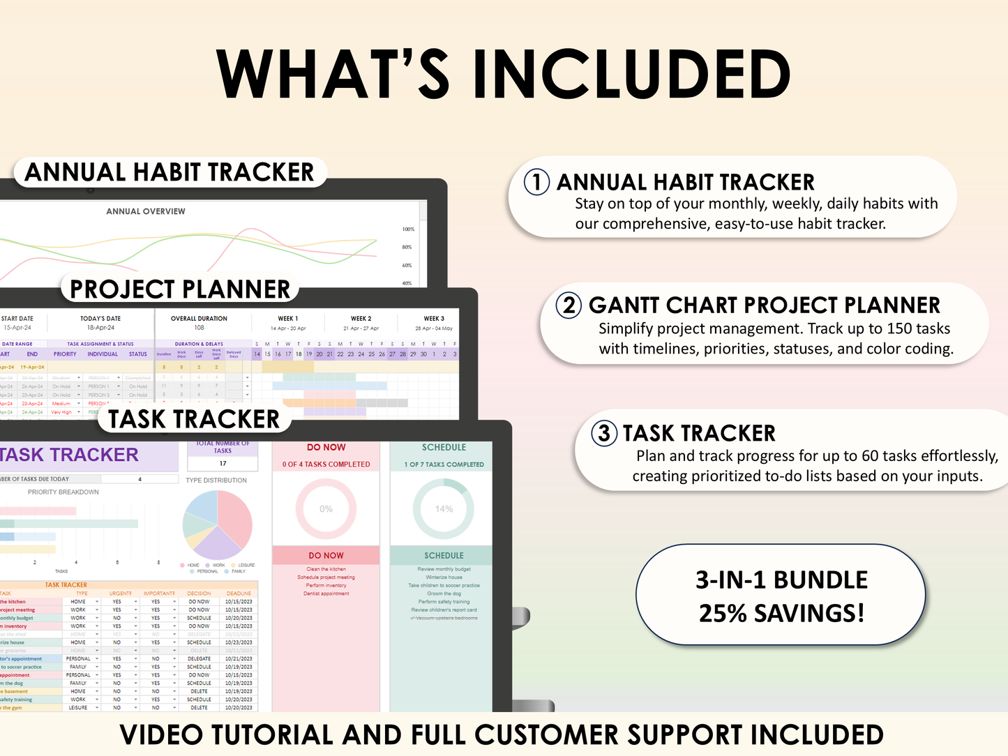 Productivity Bundle - Habit Tracker + Task Tracker + Gantt Chart for Excel & Google Sheets