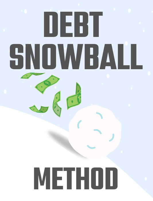 Illustration of the Debt Snowball Method, featuring a snowball rolling down a hill with dollar bills falling off, symbolizing debt repayment momentum and financial progress.