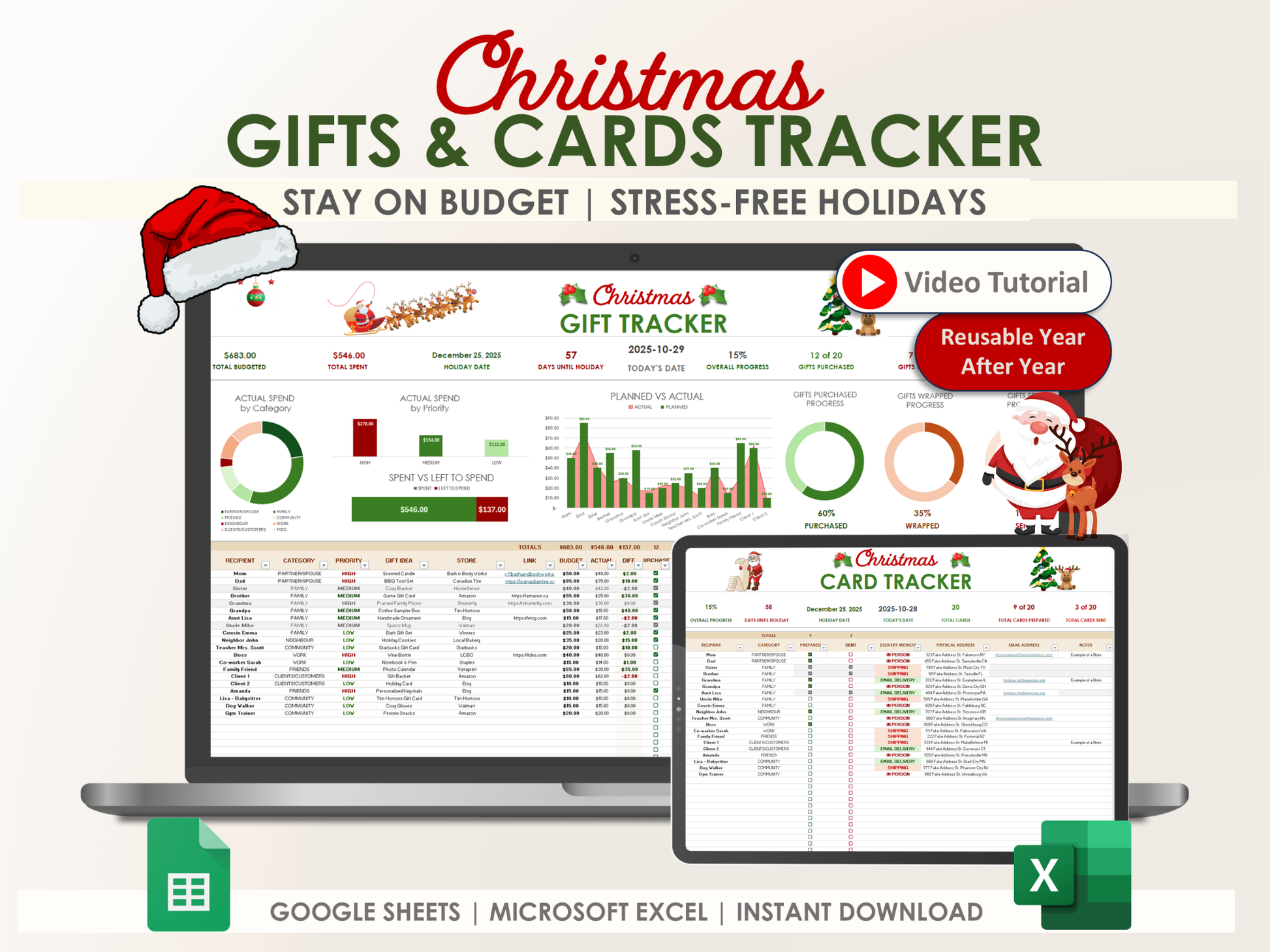 Christmas Gifts & Cards Tracker workbook with laptop and tablet displaying the software interface.