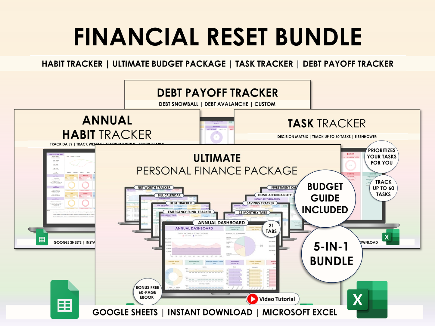 Financial Reset Bundle - Ultimate Personal Finance Package + Debt Payoff Tracker + Habit Tracker + Task Tracker for Excel & Google Sheets
