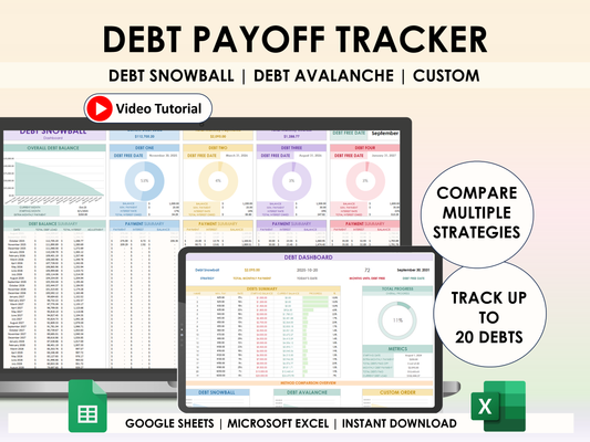 Debt payoff tracker software with screens on a gradient background