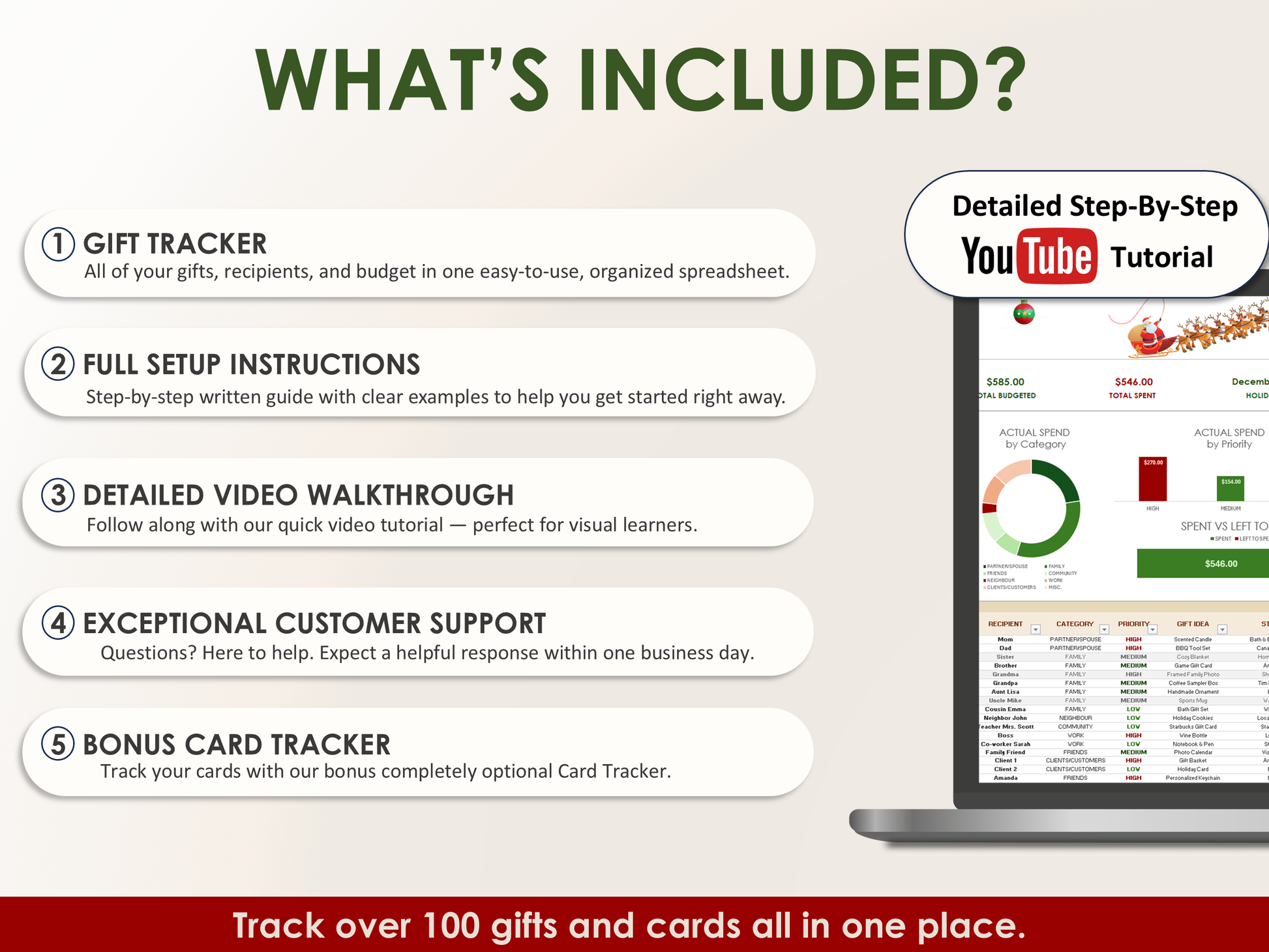 Product feature list with a laptop displaying a workbook interface on a white background.