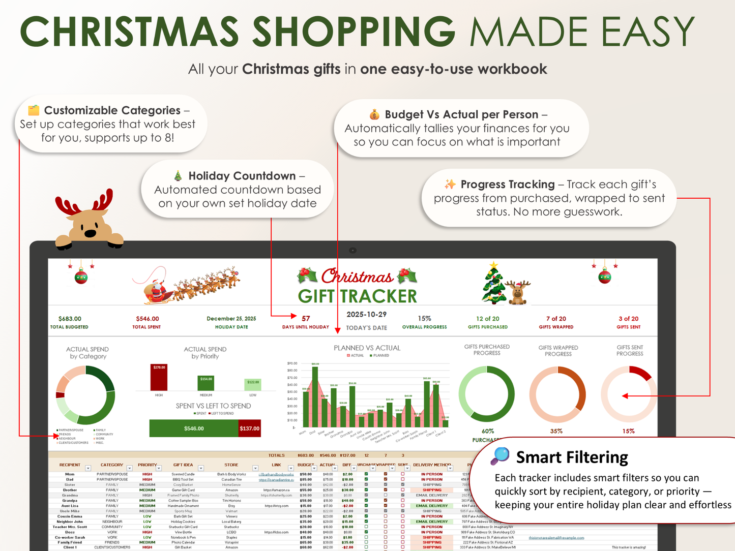 Christmas gift tracker workbook with various features highlighted on a white background