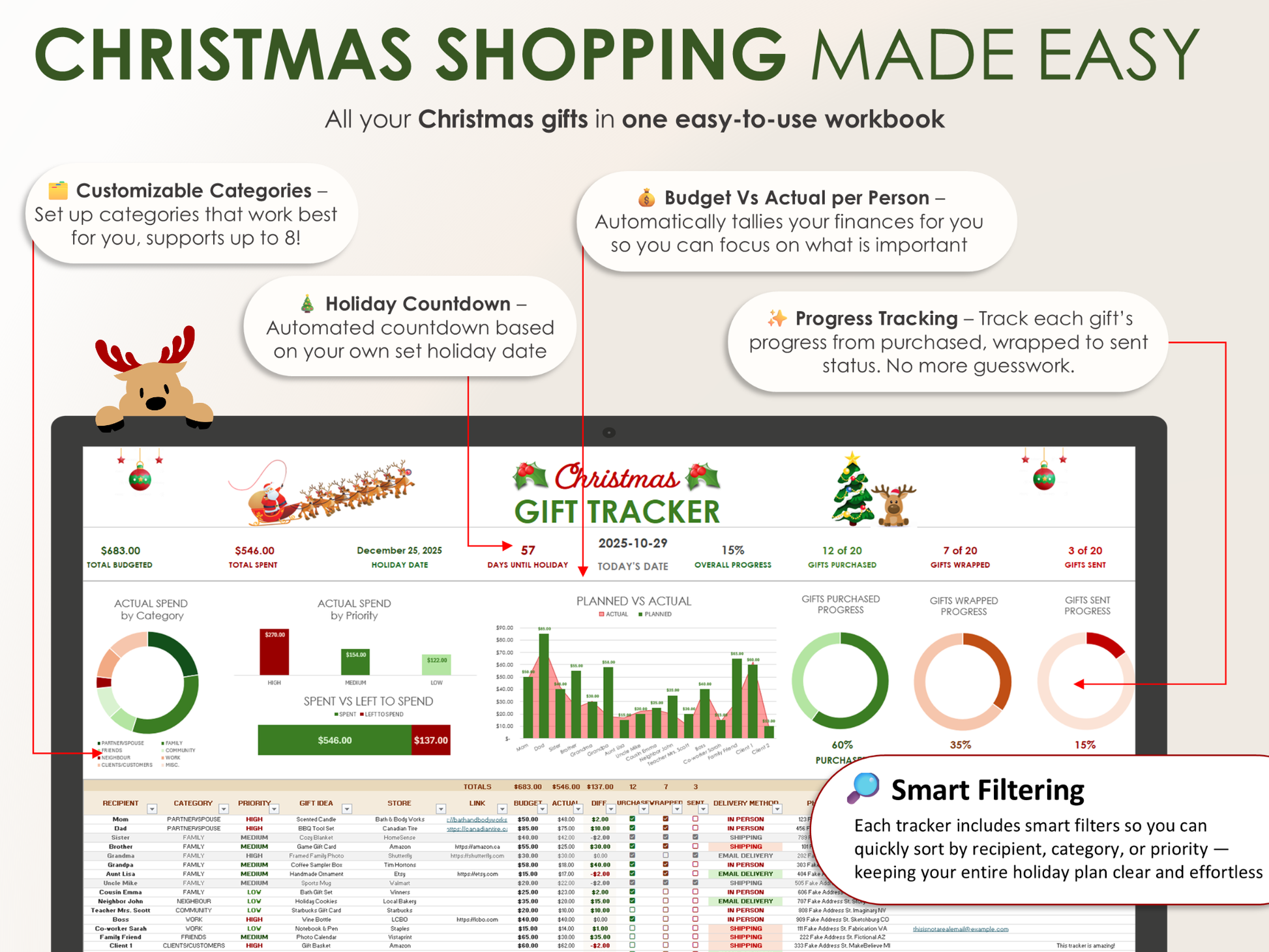 Christmas gift tracker workbook with various features highlighted on a white background