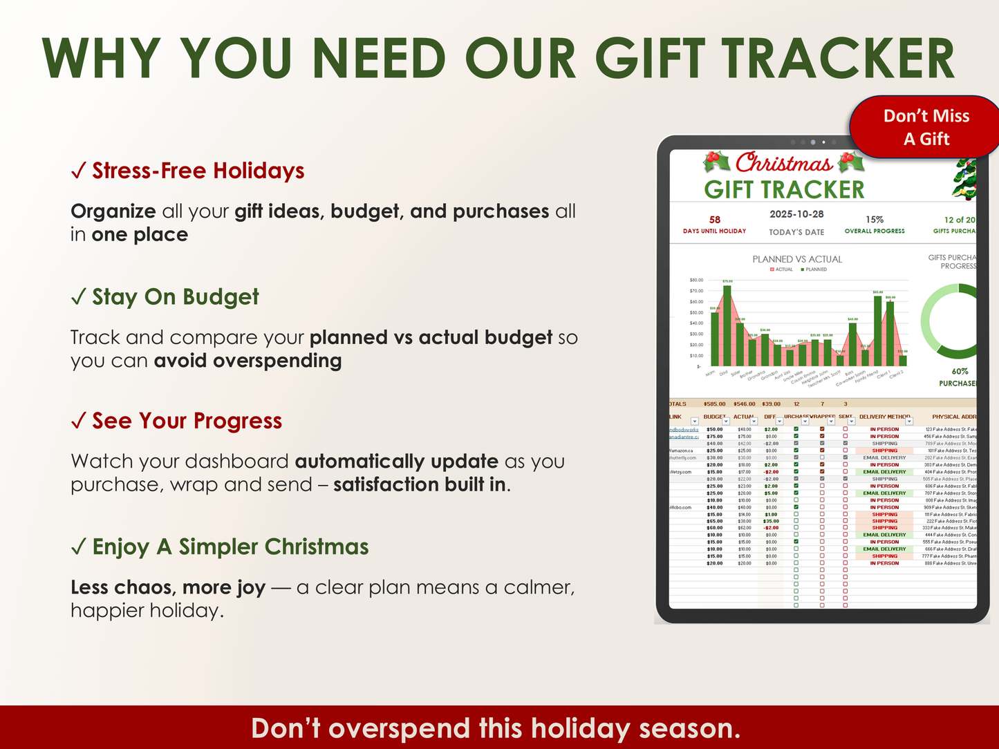 Advertisement for a gift tracker with tablet displaying data and text explaining benefits.
