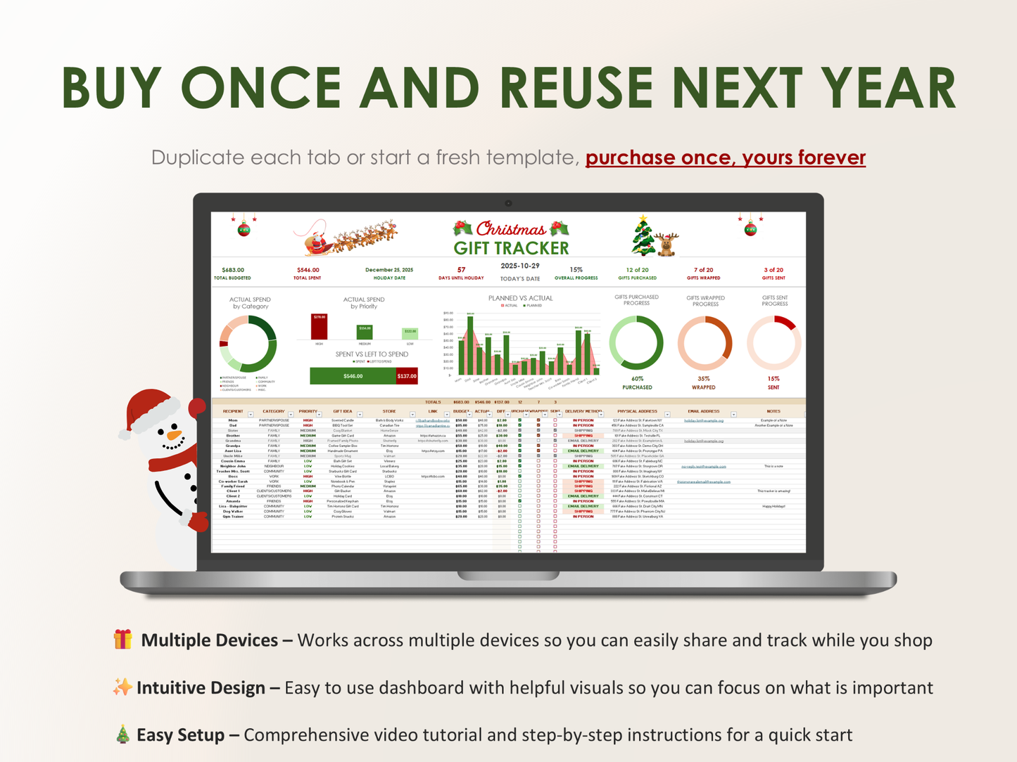 Laptop displaying a Christmas gift tracker workbook with promotional text on a white background