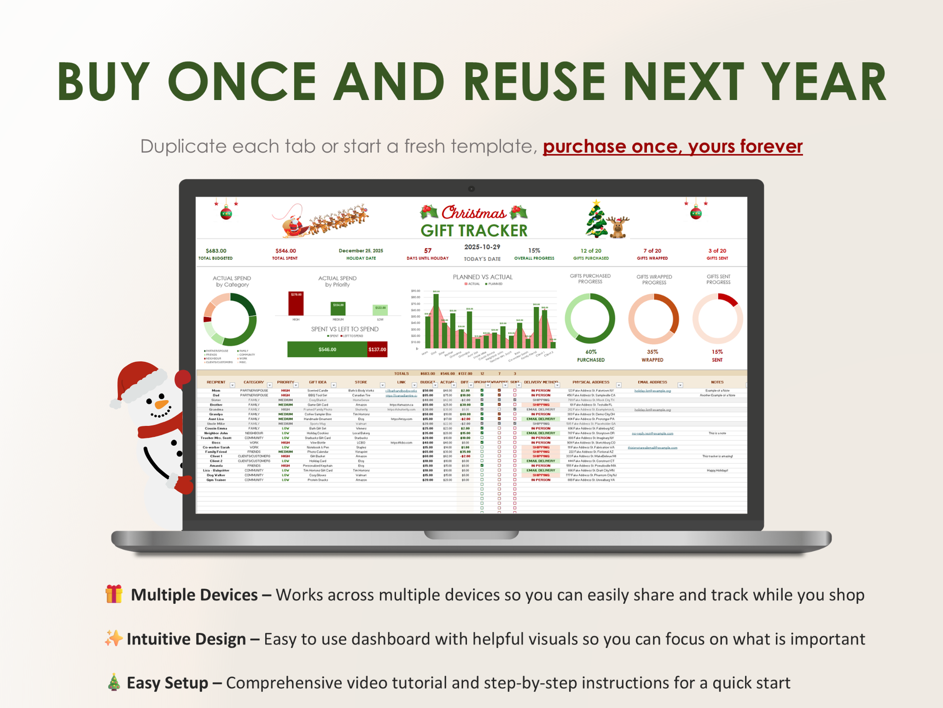 Laptop displaying a Christmas gift tracker workbook with promotional text on a white background