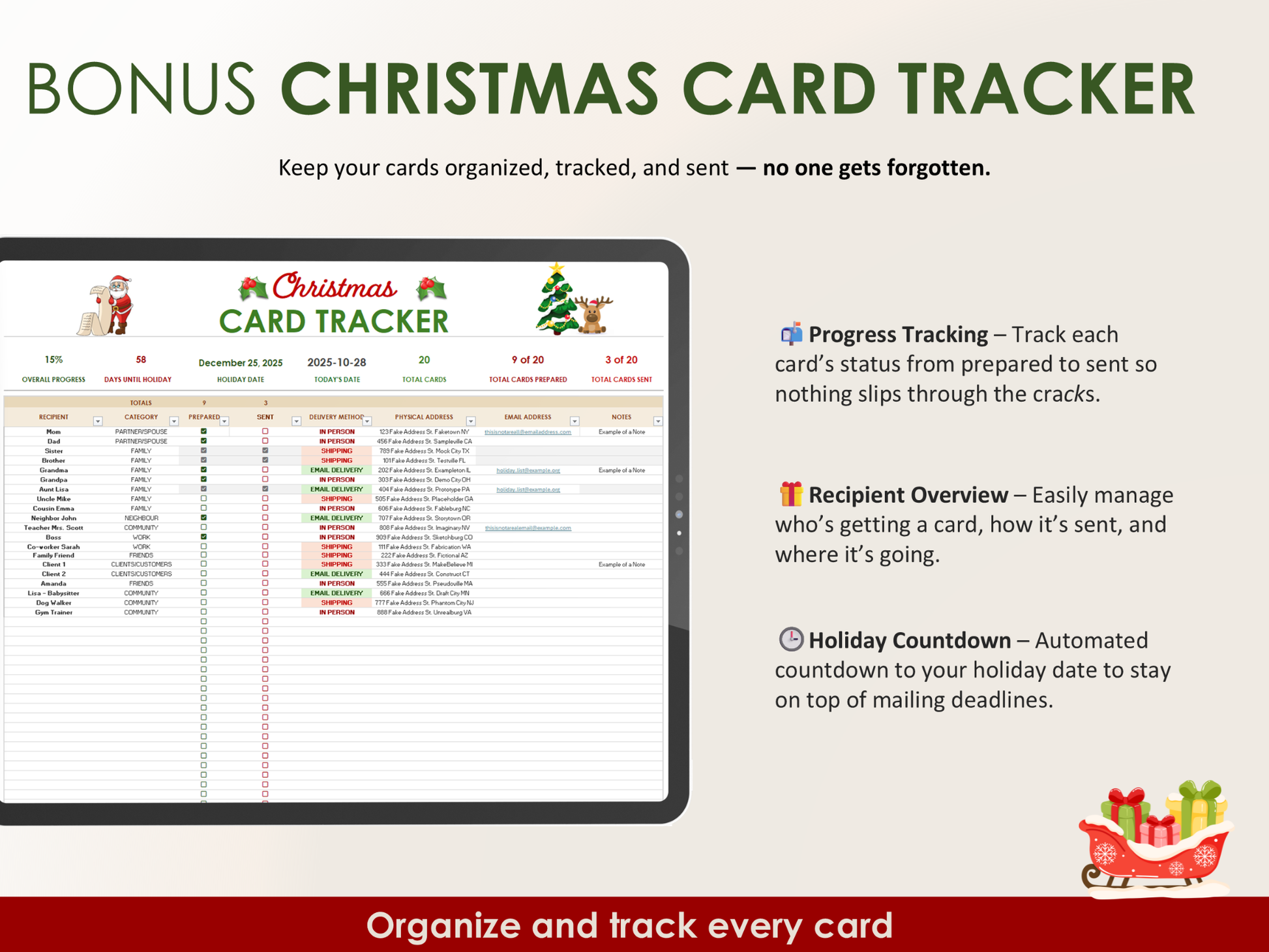 Christmas card tracker workbook with a computer screen displaying the interface.