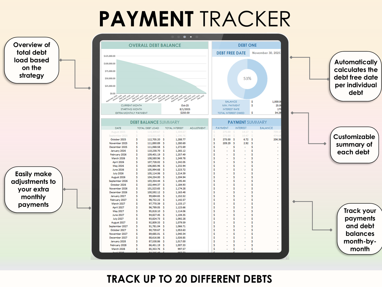 Payment tracker app on a tablet with features highlighted