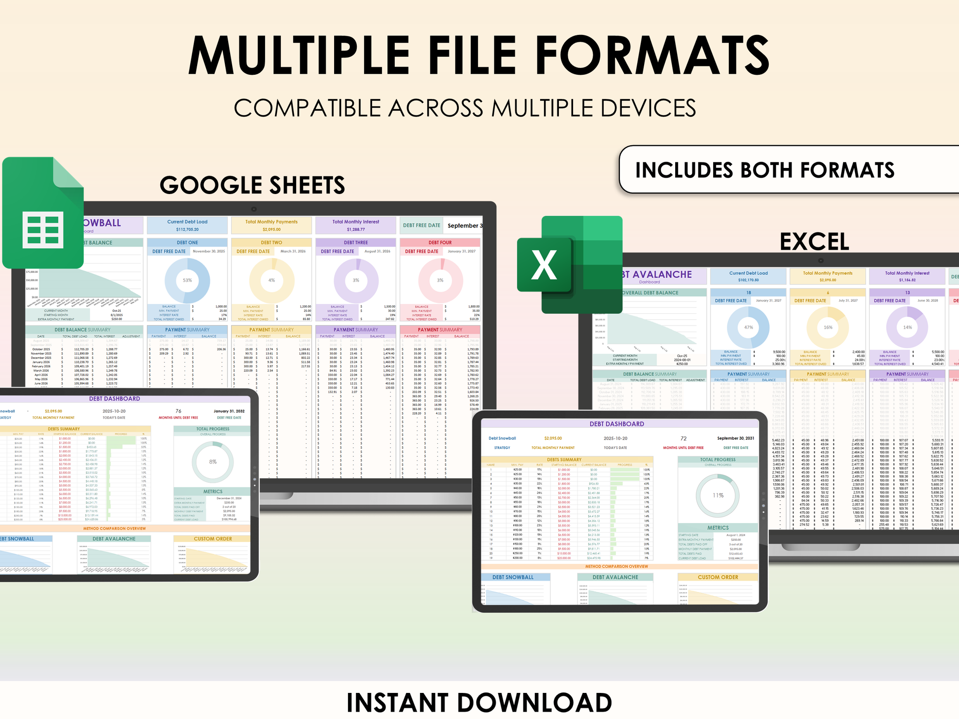 Screenshots of Google Sheets and Excel on devices with text about file formats compatibility and instant download.