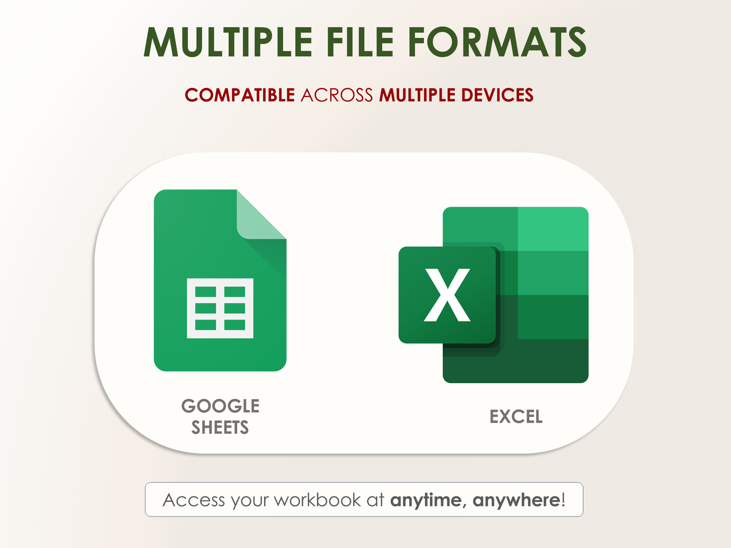 Icons of Google Sheets and Excel on a light beige background with text about file formats compatibility.