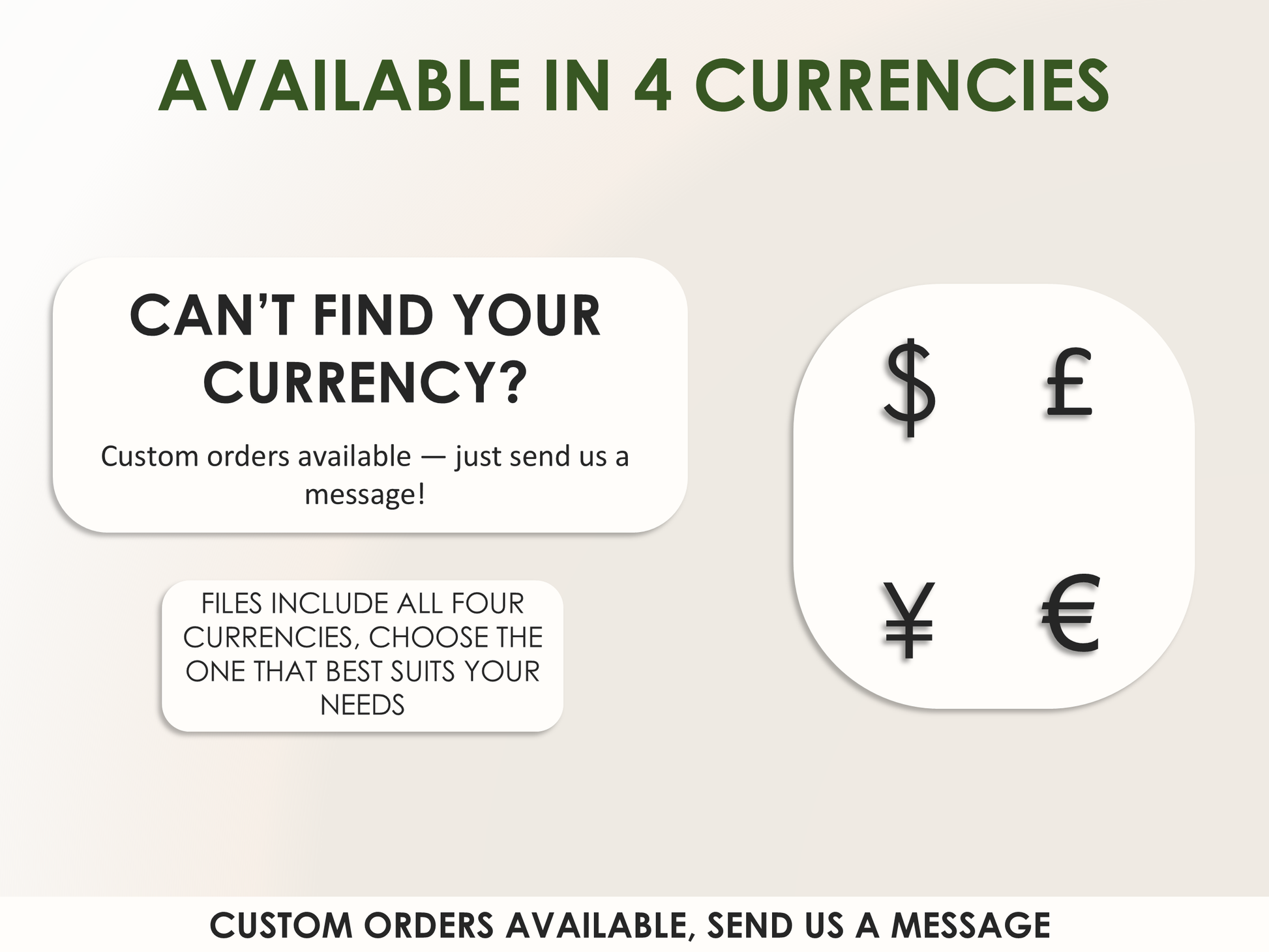 Text and currency symbols indicating availability in four currencies with a request for custom orders.